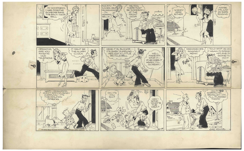 Chic Young Hand-Drawn ''Blondie'' Sunday Comic Strip From 1936 -- Poor Mr. Beasley Is the Victim of Dagwood's Frustration